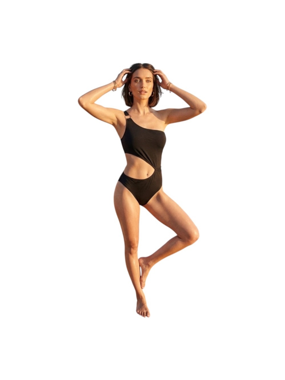 Michael Kors One Shoulder Cutout One Piece Swimsuit Black Size 12 NWT Ring Detai